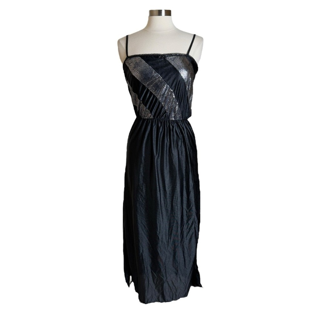 Vintage Satin Long Black Silver Detail Nylon Slip Maxi Dress Women's Size Medium